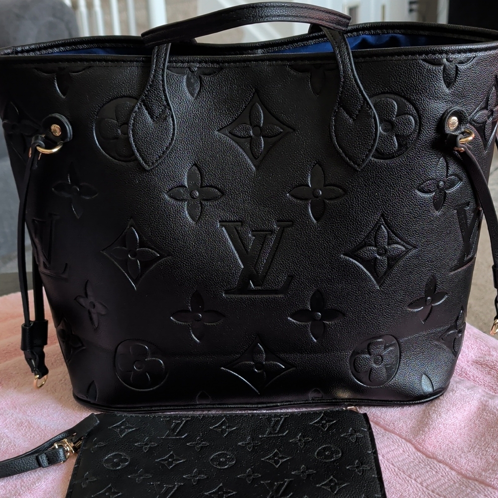 Louis Vuitton Black Embossed Monogram Leather Tote with Pouch
